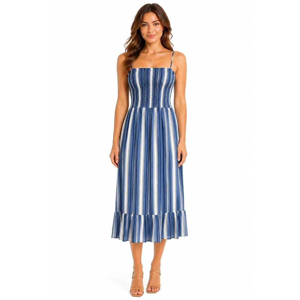Everly Blue White Striped Midi Dress Women S Smocked Ruffle Hem Coastal Boho USA